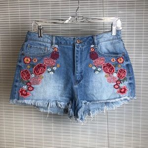 Floral Embroidered Frayed Jean Shorts